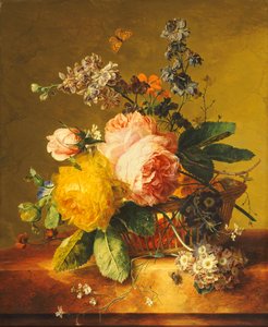 Rosen und andere Blumen in einem Korb auf einem Marmorsims, ca. 1742