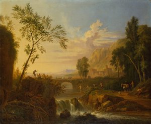 Waldlandschaft mit einem Bauernpaar an einem Grab und Fischern an einem Wasserfall