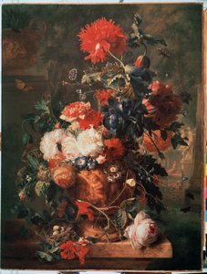 Blumenstrauß. Es sind auch ein Nest mit Eiern und Insekten (einschließlich Schmetterling, Fliege, Ameise und Marienkäfer) dargestellt. Gemälde von Jan van Huysum (1682-1749) 1722 von Jan van Huysums