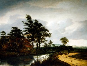 Eine Flusslandschaft mit einem Cottage, zwei Bauern und ihrem Hund von Jan van III Kessel