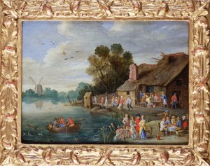 Eine Flusslandschaft mit Edelleuten an einem Dorfgasthaus von Jan van Kessel