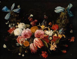 Ein Blumenstrauß aus Rosen, Tulpen, Dahlien und anderen Blumen
