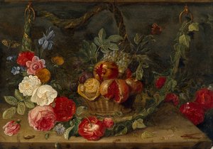 Dekorative Stilllebenkomposition mit einem Korb voller Früchte, Mitte 17. Jahrhundert von Jan van Kessel