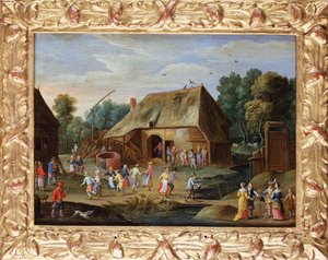 Adelige bei einem Bauerntanz auf einem Bauernhof von Jan van Kessel