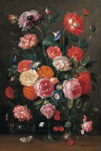 Rosen, Nelken, Prunkwinde, eine Mohnblume und ein Kirschzweig in einer Glasvase, ein Mauerfuchs, ein Aurorafalter, ein Admiral und ein Magpie-Schmetterling auf einem Tisch, 1676 von Jan van Kessel