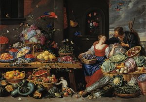Obst- und Gemüsemarkt mit einer jungen Obstverkäuferin von Jan van Kessel d.Æ.