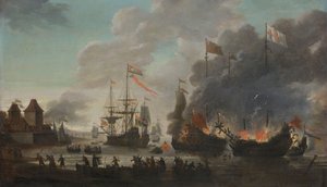 Die Niederländer verbrennen englische Schiffe während des niederländischen Überfalls auf die Medway, 20. Juni 1667 von Jan van Leyden