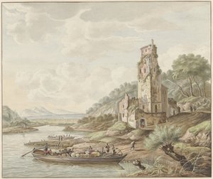 Landschaft mit Boot mit Waren bei einer Burg von Jan van Lockhorst