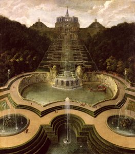 Blick auf das Oktogon über die Wasserfälle und die Neptunbecken, nach 1716 von Jan van Nickelen