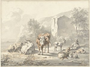 Landschaft mit Vieh und Ruine von Jan van Ravenswaay
