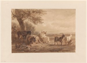 Vieh unter einem Baum und ein Mann mit einem Korb von Jan van Ravenswaay