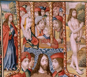 Flämischer Wandteppich. Serie Episoden aus dem Leben der Jungfrau. Die Prophezeiungen erfüllen sich bei der Geburt Christi. Erster Wandteppich in der Serie. Modelle zugeschrieben Jan von Roome (oder van B) von Jan van Roome