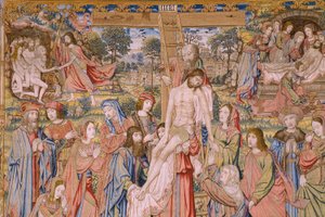 Flämischer Wandteppich. Serie Die Passion Christi: Abnahme vom Kreuz. Herstellung Pieter van Aelst. Kartonist Jan van Roome. Ca. 1507-1520. (Detail)