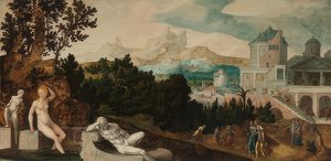 Landschaft mit Bathseba von Jan van Scorel