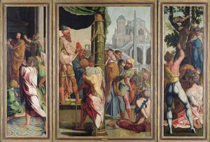 Die Predigt, Verhaftung und das Martyrium des Heiligen Jakobus des Älteren, aus dem Polyptychon von St. Stephan und St. Jakobus dem Älteren, um 1541 von Jan van Scorel