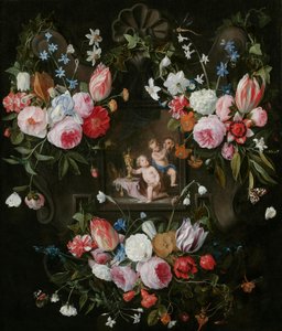 Ein Kartuschen-Stillleben von Blumen um ein allegorisches Bild von Putti mit kostbaren Objekten und einer Maske, 1648