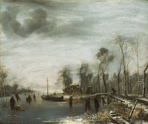 Eine Winterlandschaft mit Schlittschuhläufern und Colf-Spielern auf einem zugefrorenen Wasserweg, 1653