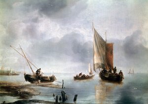 Ein kleines Schiff bei leichtem Wind und ein anderes an Land, ca. 1650-1660, von Jan van de Cappelle, Öl auf Leinwand