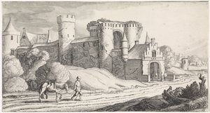 Bauer mit einem Pferd auf einem Weg entlang eines Schlosses von Jan van de Velde (II)