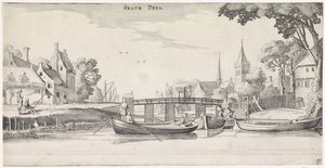 Boote bei einem Steg in einem Dorf (Playsante lantschappen ende vermakelycke gesichten)