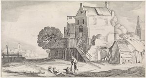 Drei Figuren im Gespräch bei einem Gasthaus (Playsante lantschappen ende vermakelycke gesichten) von Jan van de Velde (II)