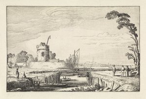 Figuren bei einem Hafen und einem Turm