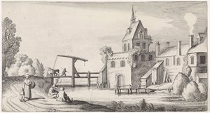 Figuren bei einer Zugbrücke vor einem Dorf mit Kirchturm