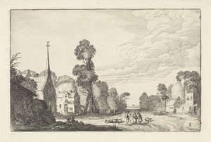 Figuren und Vieh in einem Dorf mit einer Kirche
