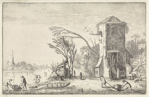 Figuren in einem Winterlandschaft mit einem Turm