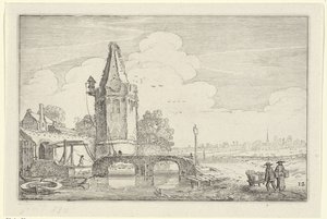 Landschaft mit einem Turm und einer Brücke über den Fluss Niers von Jan van de Velde (II)