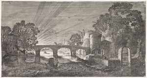 Flusslandschaft bei Sonnenuntergang (Playsante lantschappen ende vermakelycke gesichten) von Jan van de Velde (II)
