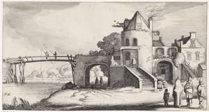 Zollhaus mit Holzbrücke über den Fluss