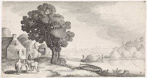 Heutransport auf einem Fluss mit Haarlem in der Ferne