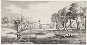 Zwei Ruderboote auf einem Fluss bei einem Dorf