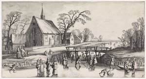 Winterlandschaft mit Schlittschuhläufern bei einem Dorf von Jan van de Velde (II)