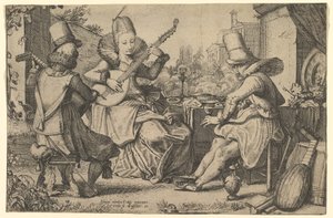Zwei elegant gekleidete Männer und eine Frau in einem Garten