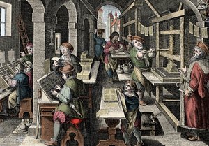 Druckerei, ca. 1600 - Holland, Druck: links verwenden die Charaktere Zeichen, die verschiedenen Stadien der Druckvorbereitung unter der Aufsicht eines Meisterdruckers - Gravur aus „Nova Reperta“ von Giovanni Stradano