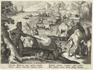 Matrosen in einem schrecklichen Barbarenland töten Kamele mit Musketen, um ihren Hunger zu stillen, Illustration aus 