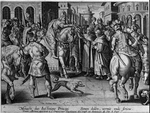 Die Mönche übergeben dem byzantinischen Kaiser Justinian I. die Seidenraupen. Der Kaiser wird somit den Seidenhandel beginnen. Gravur von Giovanni Stradano (Jan Van Der Straet) (Johannes Stradanus) 17. Jahrhundert