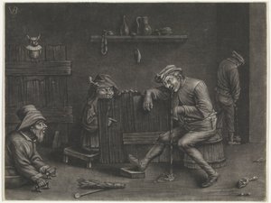 Interieur mit urinierendem Mann, erbrechendem Mann, einem Zwerg und einem Bettler