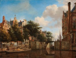 Stadtansicht von Amsterdam mit Häusern an der Herengracht und der alten Haarlemmersluis