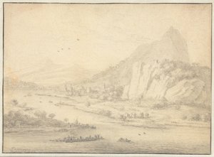 Gebirgige Flusslandschaft mit Booten