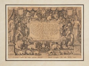 Widmungsseite des Sets "Mediceae familiae rerum feliciter gestarum Victoria et triumphi" von Jan van der Straet, called Stradanus
