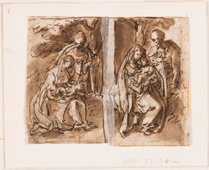 Halbe Seite eines Skizzenbuchs; Jungfrau und Kind und eine dritte Figur von Jan van der Straet, called Stradanus