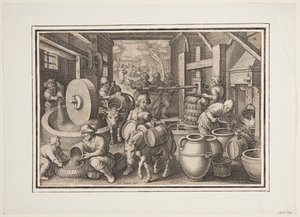 Oleum Olivarum (Die Produktion von Olivenöl), Tafel 12 in der Nova Reperta (Neue Erfindungen der Neuzeit) von Jan van der Straet, called Stradanus