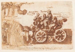 Seite eines Skizzenbuchs; Wagen und drei Pferde von Jan van der Straet, called Stradanus