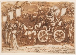 Seite eines Skizzenbuchs; Streitwagen und drei Pferde von Jan van der Straet, called Stradanus