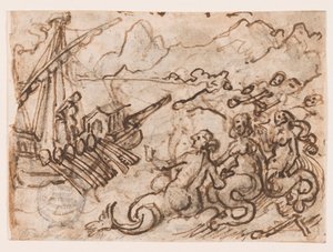 Seite eines Skizzenbuchs: Odysseus passiert die Sirenen (recto); Odysseus in der Unterwelt (verso) von Jan van der Straet, called Stradanus