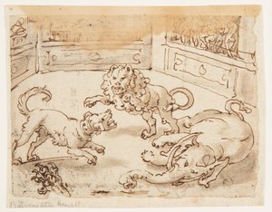 Alexander der Große beobachtet einen Kampf zwischen seinem Hund, einem Elefanten und einem Löwen von Jan van der Straet, called Stradanus
