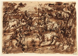 Recto: Stierjagd mit Lassos; Verso, oben: Bärenjagd durch Männer in Rüstung; Verso, unten: Affenjagd durch Täuschung; alle Vorentwürfe für die Venationes-Serie